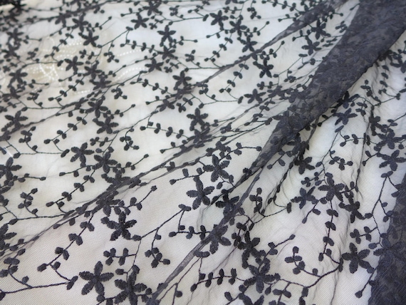 Floral lace, black embroidered tulle lace fabric, curtains lace, floral wedding lace