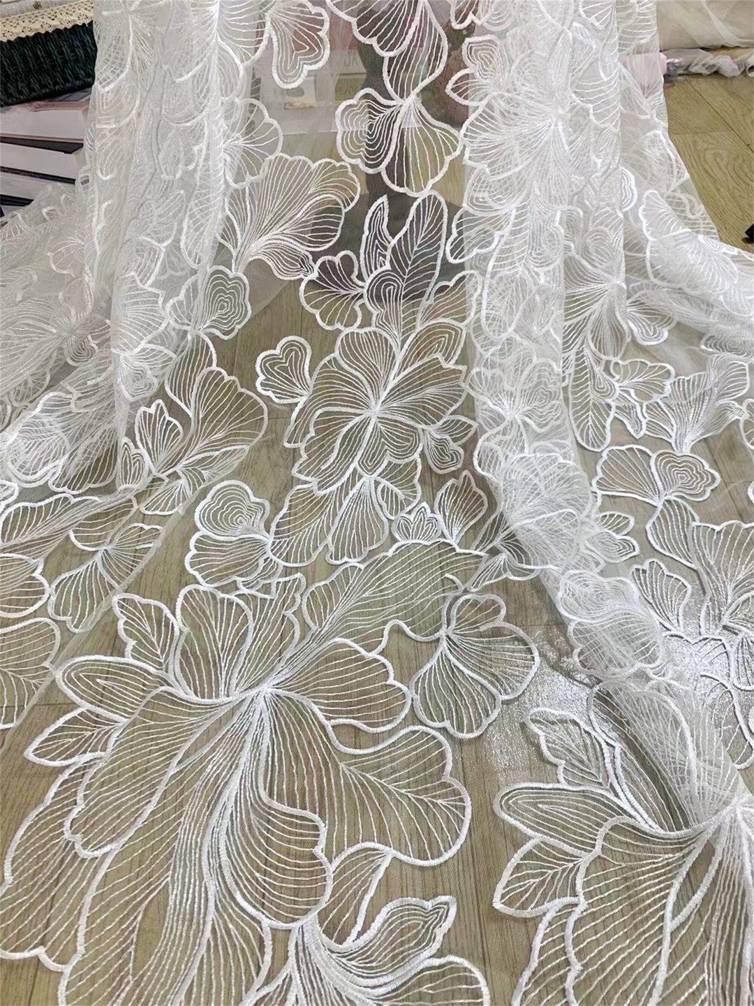 Exquisite Lotus Flowers Tulle Mesh Fabric in off White for Wedding Gown