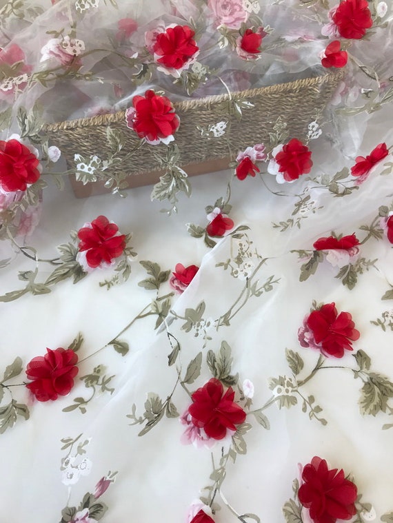 Tela de organza floral de hoja verde de flor de gasa roja 3D para vestidos  de novia, vestido de tutú, vestido de fiesta, fiesta -  México