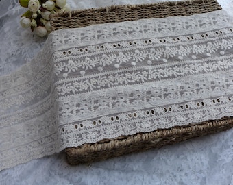 Retro Cotton Lace Trim, Beige Embroidered Floral Lace, Antique Style Tulle Lace Trim, One Yard