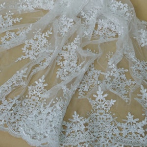 Off white French Alencon Fabric Retro Scallops Floral Corded Embroidery Lace Fabric by the yard
