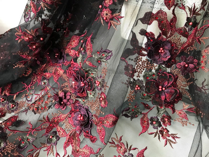 Burgundy Lace Fabric Beaded Applique Black Tulle Fabric 3D Flowers Lace Fabric By The Yard