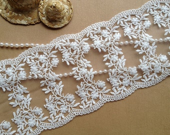 Bellissimo pizzo ricamato bianco sporco da sposa, pizzo floreale, larghezza 5,03 pollici, 2 iarde
