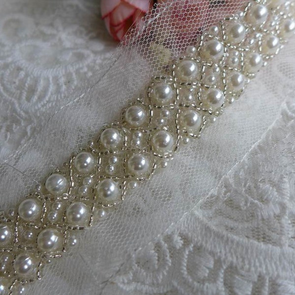 1 yard Ivory Pearl Beaded Trim Lace for Bridal Applique, Headband, Sash Applique, Wedding Shoes