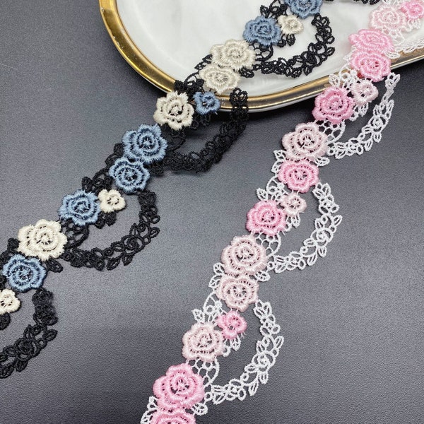 Two-tone Rose Flower Trim Venice Sewing Lace for Wedding Garters, Headbands, Bridal Lace Choker