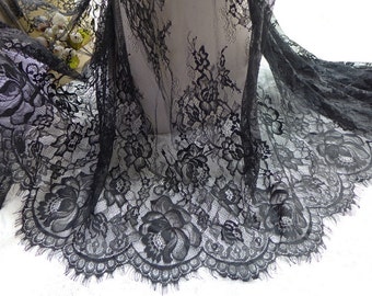 Black Chantilly Lace Rose Floral Lace Trim Scalloped Edging Lace Fabric 26.8" wide Lace 3 Yards