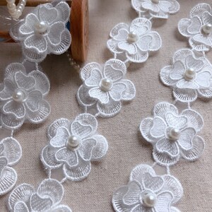 Double flowers applique lace off white flower pearls lace trim for headbands, sashes, gown applique