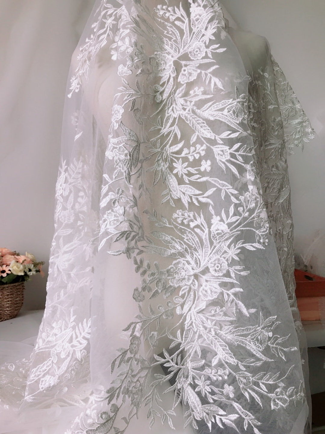 Ivory Embroidered Bridal Lace Fabric With Clear Sequins on Tulle Fabric ...