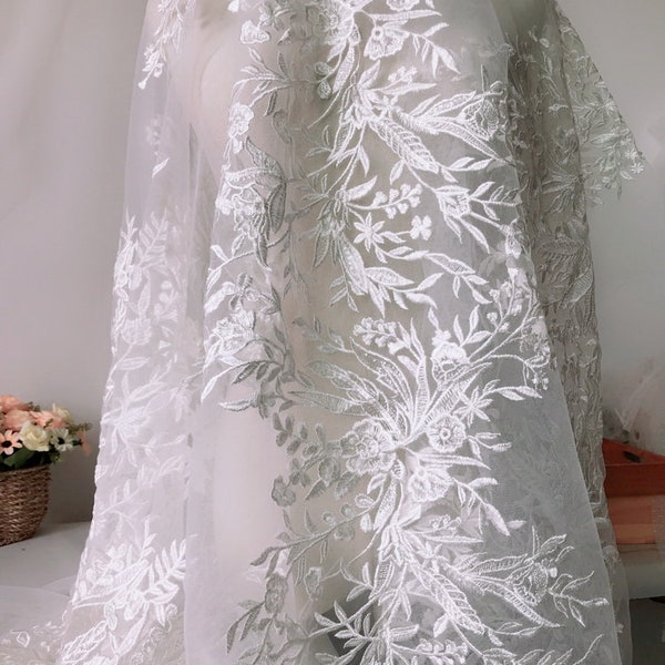 Ivory Embroidered Bridal Lace Fabric with Clear Sequins on Tulle Fabric for Wedding Dresses, Veils, Couture Fabric Lace