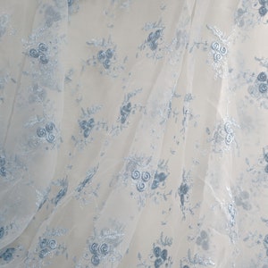 Light Blue with Silver Embroidered Floral Mesh Fabric, Off white Organza Fabric, Floral Wedding Dress Lace Materials By Yard