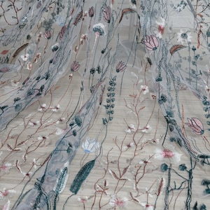 Multicolour Wild Flower Embroidery Tulle Lace Fabric, Floral Bridal Gown Flower Girl Dress Fabric By the yard