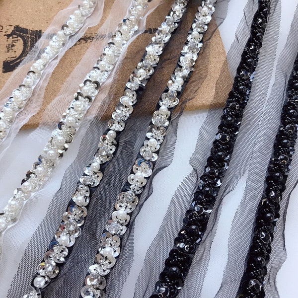 Beaded Lace Trim in Ivory / Black for Wedding gown, Sash Accessories, Girl Headbands, Dress Straps