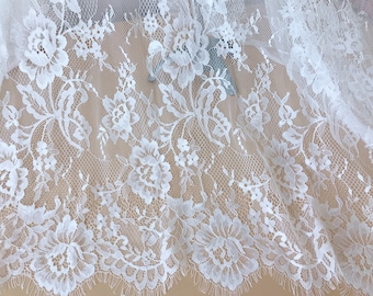 White French Chantilly Lace Fabric Elegant Floral Wedding Fabric Soft Bridal Lace Fabric By The Yard
