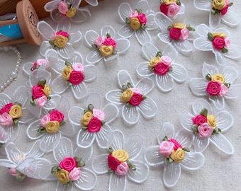 MultiColor Organza Flower Lace Applique for Weddings, Flower Girl dress, Lace Garters or Sashes