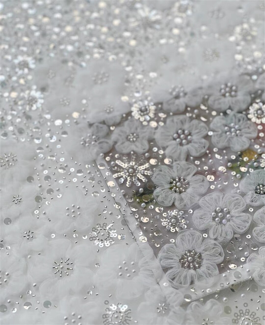 Elegant Beaded Silver Sequin Embroidery Fabric With 3D Flowers Tulle ...