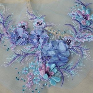 Purple Blue Lace Applique, 3D flower Lace Applique, Pearl Beaded Embroidered Lace, Flower Girl Dress Lace, Dancing Costume Appliqué