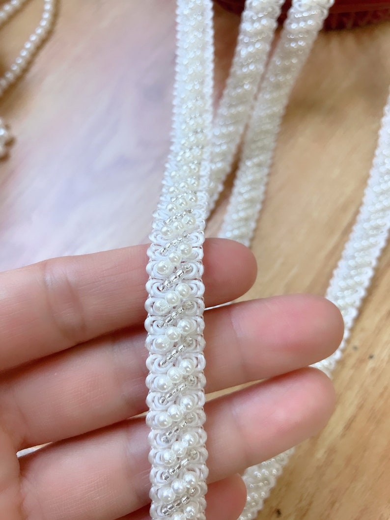 Beaded Trim Ivory Pearl and Silver Beads Lace Trim For Bridal, Headbands, Jewelry, Costumes, Crafts image 4