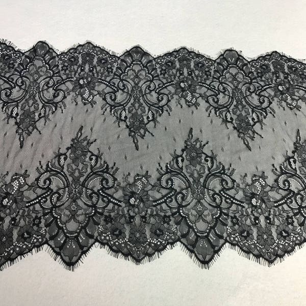 Zwarte Chantilly Lace Polka Dot Tule stof voor zwarte bolero, gotische trouwjurk, tafellopers