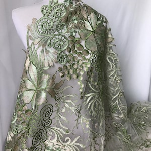 Gorgeous Lace Fabric Green and Gold Embroidered Floral Fabric Fancy Wedding Gown or Prom Dress Fabric