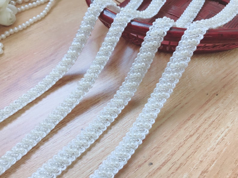 Beaded Trim Ivory Pearl and Silver Beads Lace Trim For Bridal, Headbands, Jewelry, Costumes, Crafts image 2