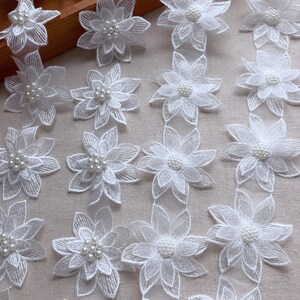 3D Flower Pearls Bead Flower Lace Applique in Ivory for Headbands, Girl ...