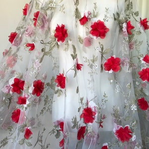 Red 3D chiffon flower green leaf floral organza fabric for wedding gowns, tutu dress, prom dress, party