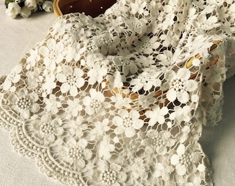 Vintage Lace Fabric, Beige Cotton Guipure Fabric with Floral Pattern, Retro Crochet Hollowed Lace Fabric