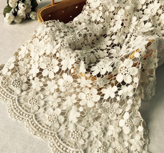 Vintage Lace Fabric, Beige Cotton Guipure Fabric with Floral Pattern, Retro  Crochet Hollowed Lace Fabric
