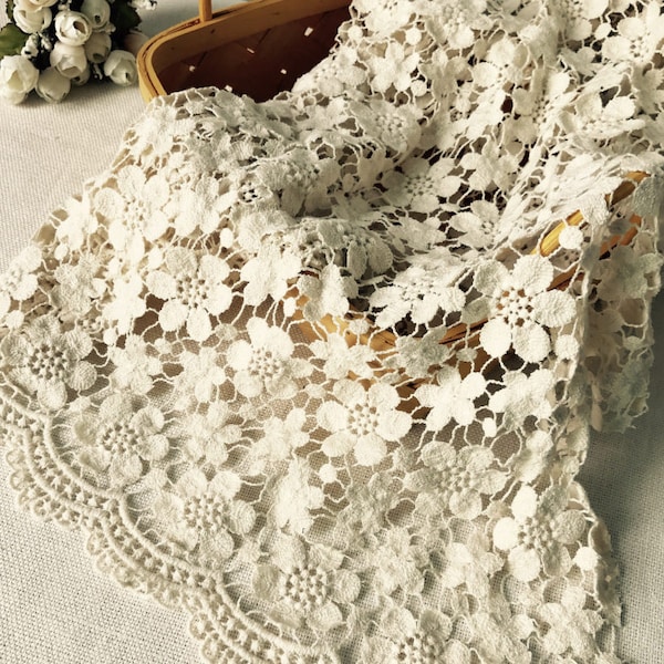 Vintage Lace Fabric, Beige Cotton Guipure Fabric with Floral Pattern, Retro Crochet Hollowed Lace Fabric