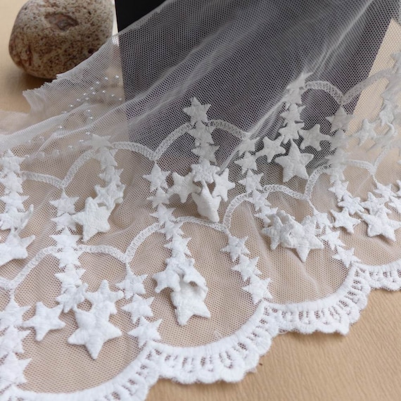 7.87 White Dangle Lace Trim, Embroidery Tulle Lace Fabric with Star design  Wedding Dress Bridal Gown Supplies One Yard