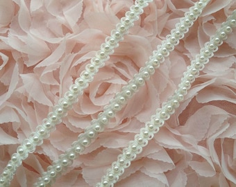 Beaded Trim - White Pearls Elastic Bridal Headband for Baby, Hats, Bracelet, Newborn Headband