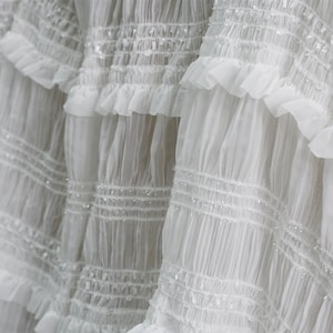 Soft Elastic Chiffon Ruffled Fabric with Clear Sequins in Off white for Ball Gown, Mini Dress, Party Dress, Garment