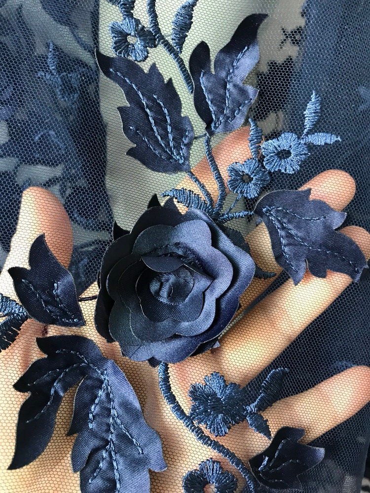 3D Rose Flower Fabric, Navy Blue Lace Fabric, Floral Leaf Lace Fabric ...