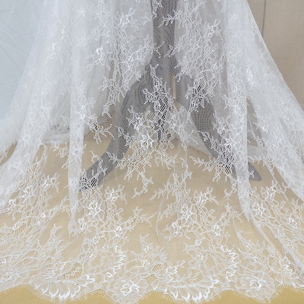 Chantilly Lace Fabric Soft White Eyelash Lace Wedding Dress Fabric for Bridesmaid Dress, Mantilla Veil, Bridal Lace Robe