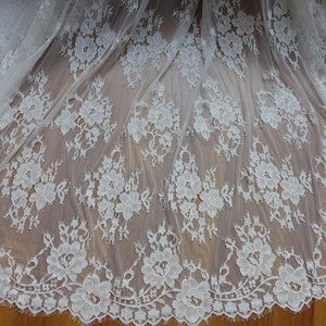 White Lace Fabric, Chantilly Eyelash Fabric, Wedding Fabric with Scalloped edge, Bridal bolero jacket Lace