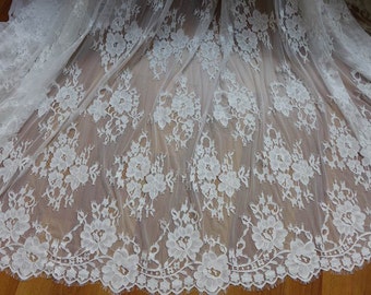 White Lace Fabric, Chantilly Eyelash Fabric, Wedding Fabric with Scalloped edge, Bridal bolero jacket Lace