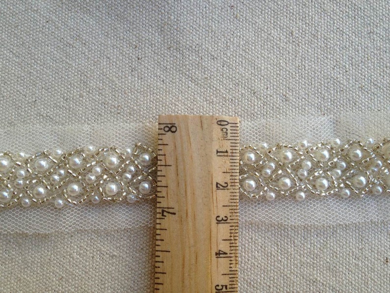 Rhinestone Pearl Beads on Dark Ivory Tulle Embroidery