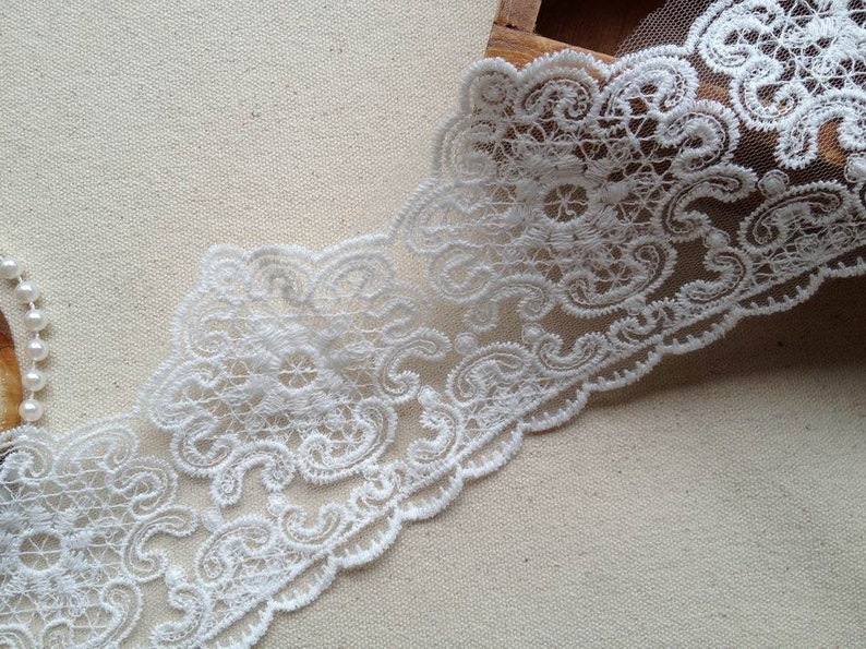 Off White Scalloped Embroidery Lace Trim Bridal Wedding Lace Craft Supplies 1 Yard image 4