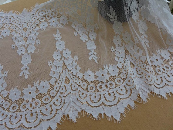 Scalloped Wedding Lace Fabric, Chantilly Floral Lace in white, Bridal Lace Shrug Lace Bolero