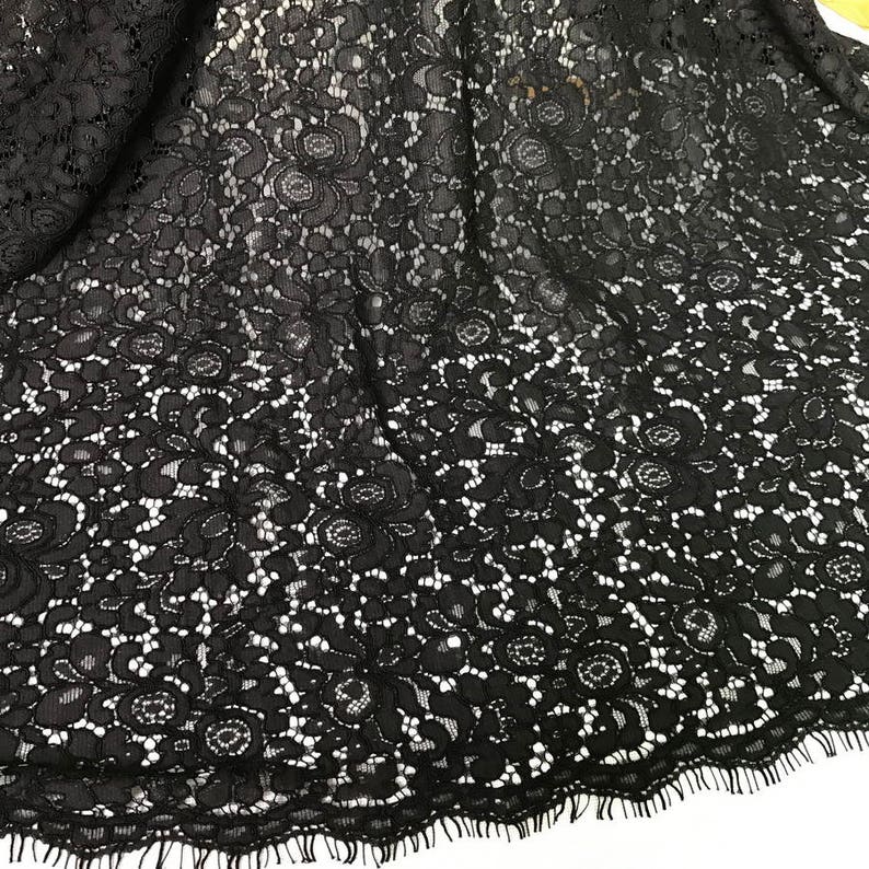 Classic black eyelash lace fabric with cording for black | Etsy