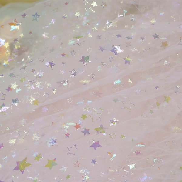 Soft Tulle Fabric Iridescent Stars Design Printed Fabric in Light Pink for Birthday Dress, Party Dress, Toddler Dress