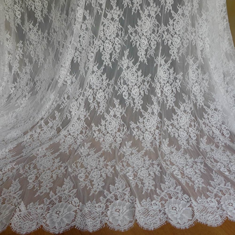 White Chantilly Lace Fabric Beautiful Roses Floral Wedding Fabric Unique Bridal Lace Fabric By The Yard image 5