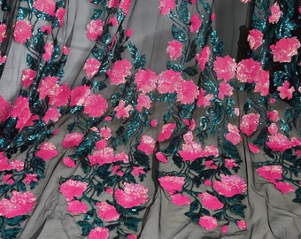 Hot Pink Rosenblüten Spitzenstoff auf schwarzem Tüll Stoff für Party Kleid, Abendkleid, Tanzkostüm