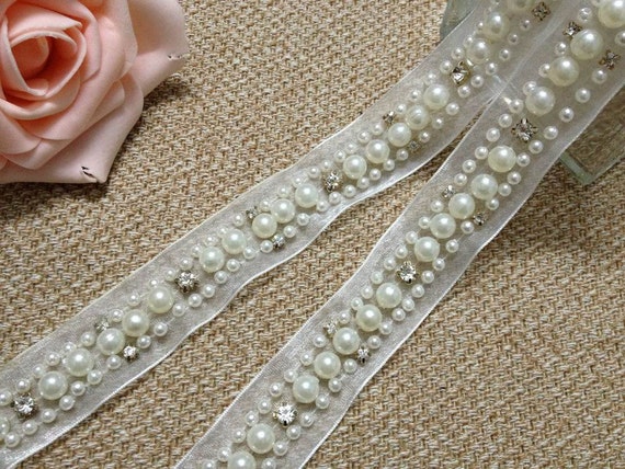 Pearl Trim and Rhinestone Beaded Lace Trim for Wedding Belt, Straps, Jewelry or Costume Design