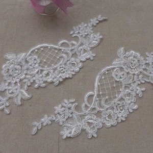 Ivory Alencon Corded Embroidered Lace Appliques Pair for Weddings, Veils, Bridal Applique