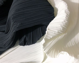Chic Stiff Pleated Fabric, Off white / Black Pleated Polyester Fabric, Thick Pleated Textured Fabric By the yard