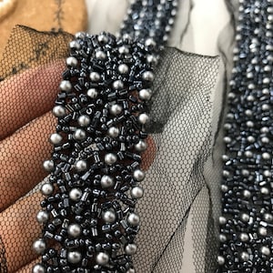 Navy Beaded Lace Trim for Wedding Gown, Prom Dress, Bridal Sash, Collar Necklace