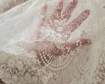French Court Style Lace Embroidery Floral Fabric, 51.1‘’ Wide Ivory/Off White Exquisite Vintage Wedding Tulle Lace Fabric for Sewing, Decor