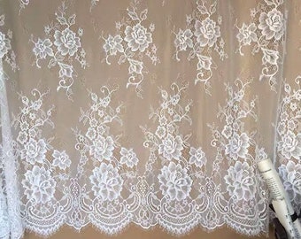 French Chantilly Lace Off white Scalloped Rose Motifs Lace Fabric for Mantillas Veils, Lace Kimono, Wedding Bridal Robe