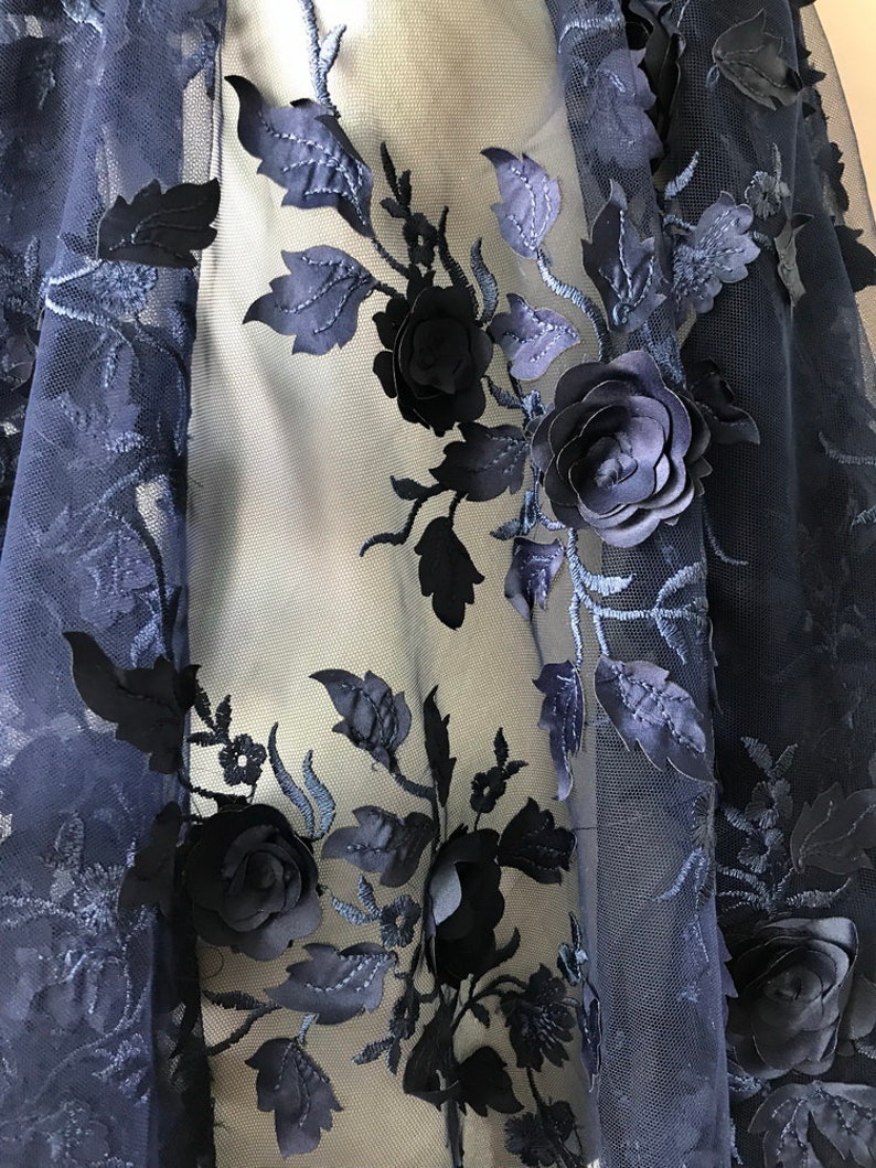 3D Rose Flower Fabric Navy Blue Lace Fabric Floral Leaf Lace | Etsy Canada